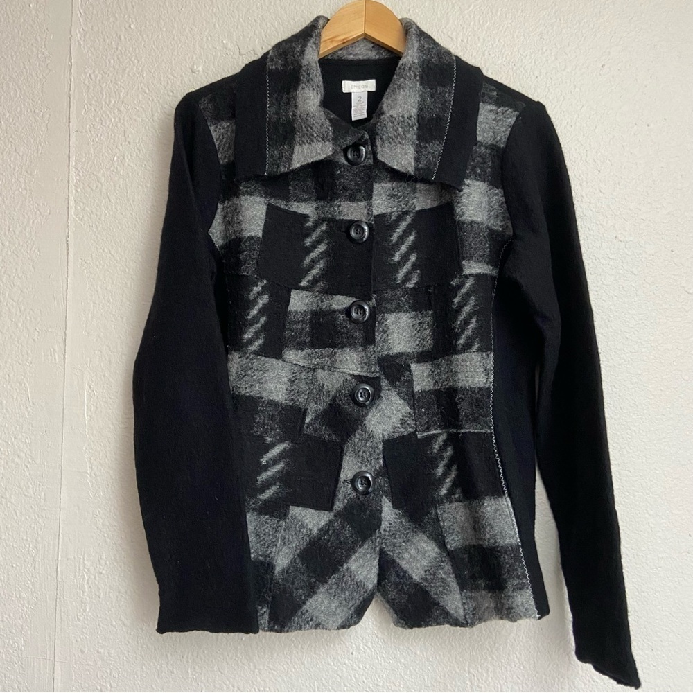 Vintage Chico's Wool Blend Button Jacket Blazer Size 2 Black Checkered - Picture 10 of 10